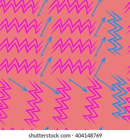 Seamless pattern of zodiac sings, aquarius, sagittarius,  zigzags, hand drawn.