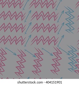 Seamless pattern of zodiac sings, aquarius, sagittarius,  zigzags, hand drawn.