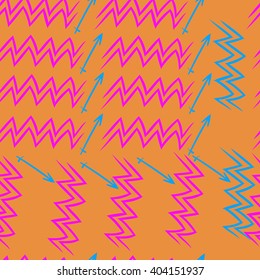 Seamless pattern of zodiac sings, aquarius, sagittarius,  zigzags, hand drawn.