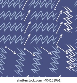 Seamless pattern of zodiac sings, aquarius, sagittarius,  zigzags, hand drawn.