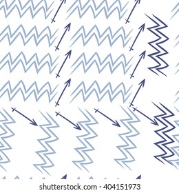 Seamless pattern of zodiac sings, aquarius, sagittarius,  zigzags, hand drawn.