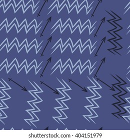 Seamless pattern of zodiac sings, aquarius, sagittarius,  zigzags, hand drawn.