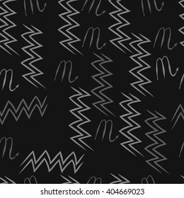 Seamless  pattern of zodiac sings, scorpio, aquarius,zigzag. Hand drawn.