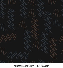 Seamless  pattern of zodiac sings, scorpio, aquarius,zigzag. Hand drawn.