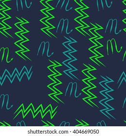 Seamless  pattern of zodiac sings, scorpio, aquarius,zigzag. Hand drawn.