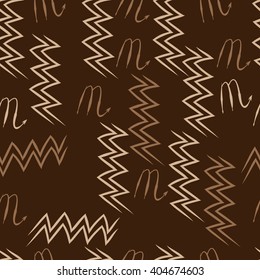 Seamless  pattern of zodiac sings, scorpio, aquarius,zigzag. Hand drawn.