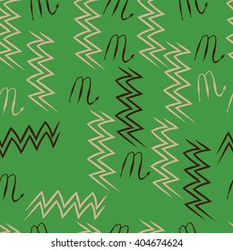 Seamless  pattern of zodiac sings, scorpio, aquarius,zigzag. Hand drawn.