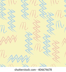 Seamless  pattern of zodiac sings, scorpio, aquarius,zigzag. Hand drawn.