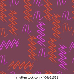 Seamless  pattern of zodiac sings, scorpio, aquarius,zigzag. Hand drawn.