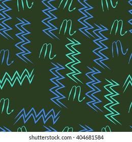 Seamless  pattern of zodiac sings, scorpio, aquarius,zigzag. Hand drawn.