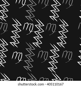 Seamless  pattern of zodiac sings, virgo, aquarius,zigzag. Hand drawn.