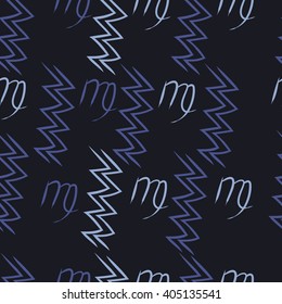 Seamless  pattern of zodiac sings, virgo, aquarius,zigzag. Hand drawn.