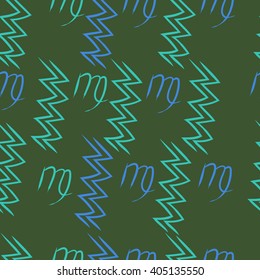 Seamless  pattern of zodiac sings, virgo, aquarius,zigzag. Hand drawn.