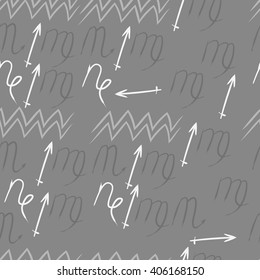 Seamless  pattern of zodiac sings, virgo,sagittarius, capricorn,scorpio, aquarius,zigzag. Hand drawn.