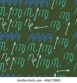 Seamless  pattern of zodiac sings, virgo,sagittarius, capricorn,scorpio, aquarius,zigzag. Hand drawn.