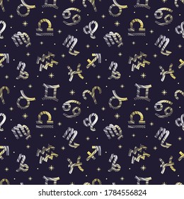 Seamless pattern with zodiac symbols and stars, gold icons. Horoscope. Aries, Taurus, Gemini, Cancer, Leo, Virgo, Libra, Scorpio, Sagittarius, Capricorn, Aquarius, Pisces. Vector illustration
