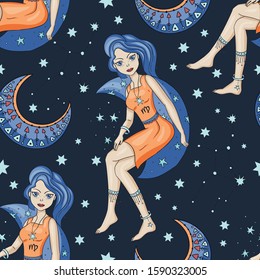 Seamless Pattern With Zodiac Virgo Girl Vector Sign. Cartoon astrology illustration. Horoscope drawing.