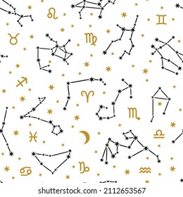 Seamless pattern with zodiacal constellations and signs. You can use for design wallpapers, on textile, fabric, packaging, wrapping paper. Vector illustration.