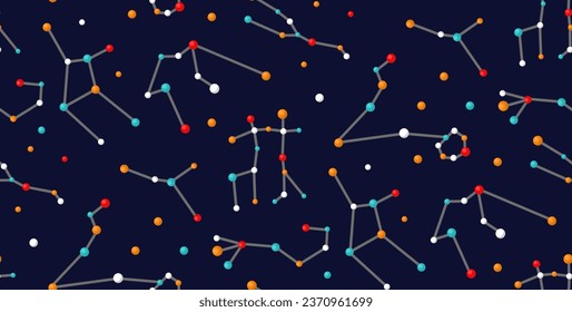 Seamless pattern of zodiacal constellations.Horoscope signs on dark background, Flat vector illustration.