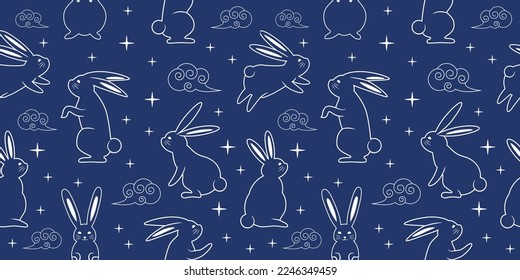 Seamless pattern with zodiacal rabbits in the sky, seamless pattern for Chinese New Year, 2023 Year of the Rabbit, pattern for gifts covers, backgrounds, invitations.