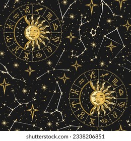 Seamless pattern with zodiacal wheel, constellations, stars, space background. Golden shiny zodiac signs, star dust, sun eclipse with crescent moon. Mystical astrological illustration