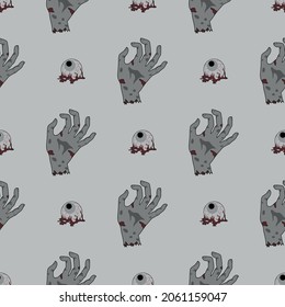 Seamless pattern of zombie hands and eyes in shades of gray. Vector