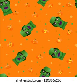 seamless pattern with zombie heads for halloween on orange background