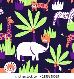 Seamless pattern of zoo animals on a dark background. Savannah animals tiger, lion, elephant, zebra, giraffe. Pattern of children's fabric. Flat vector illustration.