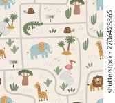 A seamless pattern with a zoo map. A hand-drawn vector path with fun characters: elephants, giraffes, lions, crocodiles, and trees. 