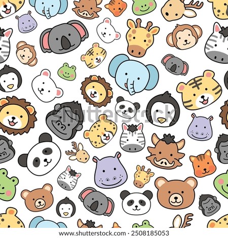 Seamless pattern zoo wild animals icon cute characters illustration outline kiddy happy cheerful kawaii japanese style decorative elements wallpaper background