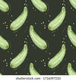 Patrón transparente con zucchini. Zucchini verde. Papel tapiz, impresión, embalaje, papel, papel envolvente, diseño textil. Ilustración vectorial.