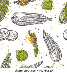 Seamless pattern with zucchini. Ink hand drawn vector illustration with watercolor splash. Can be used for wrapping paper, street festival, farmers market, country fair, shop, menu, cafe, restaurant.
