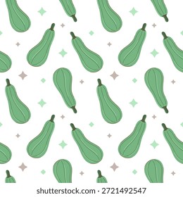 Patrón sin fisuras con calabacín sobre fondo blanco. Otoño y concepto de cosecha. Ilustración vectorial de estilo plano.