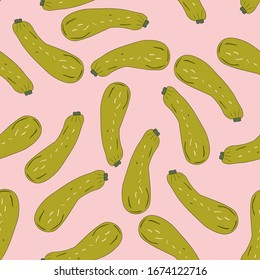 Seamless pattern with zucchini  squash hand drawn vector illustration. Vegetable colorful object. Beautiful veggie design elements for kitchen, menu, paper napkins. Funny illustration on  pinkcolor  
