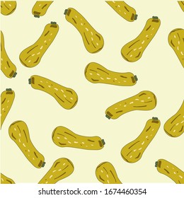 Patrón sin inconvenientes con la ilustración vectorial de zucchini escarchini dibujada a mano. Objeto vegetal colorido. Hermosos elementos de diseño vegetal para cocina, menú, servilletas de papel. Graciosa ilustración amarilla 