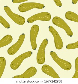 Seamless pattern with zucchini squash hand drawn vector illustration. Vegetable colorful object. Beautiful veggie design elements for kitchen, menu. Funny illustration on color background