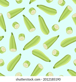 Patrón sin foco Zucchini entero y cortado. Ilustración vectorial de las hortalizas, un conjunto de calabacín de cosecha