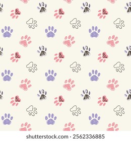 Seamless pattern_ of paw prints. The paw prints are in different colors and sizes. Scene is playful and whimsical