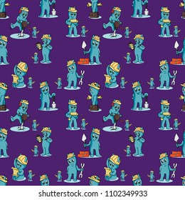 seamless pattern_3_illustration Doodle funny little men in the style of Chibi with horns in a variety of construction situations, the background is isolated