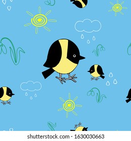 Seamless pattern.A flock of spring birds meets a new day.