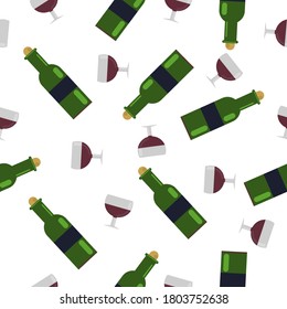 Seamless Pattern.a glass of wine and a green bottle. with grape wine. vector illustration in flat style