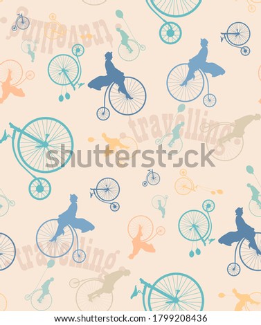 Seamless pattern.A man and a woman riding an antique Bicycle.