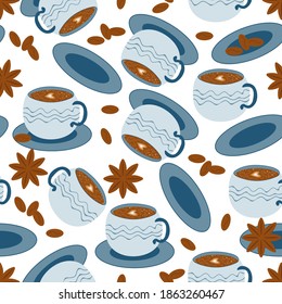 Seamless pattern.A repeating texture with a cup of cappuccino, anise and coffee beans on a white background. tea cup. Illustration for menus, adv. Designer wrapping paper, wallpaper, decorative prints