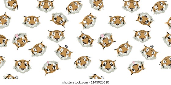 Seamless pattern.Animal print. Cute cartoon tiger on white background.Wallpaper, fabric design, postcards.Vector illustration.Faces of emotions.