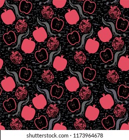 Seamless pattern.Back ground with garnet, apple and shofar.
holiday packing for Rosh hashanah (jewish New Year holiday) concept. 
