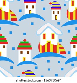 seamless pattern,background,winter cold,countryside houses dressed in a hat and scarf ,snowdrift