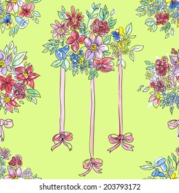 Seamless pattern.Bouquet of colored flowers,  with a red ribbon. Handdrawn