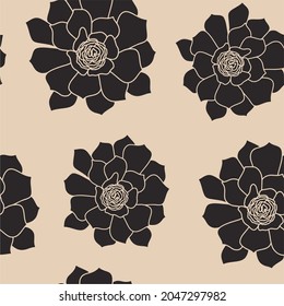 Seamless pattern.Cartoon, hand-drawn. Black succulent plant on a light background. Houseplants, cactus, succulent, stone rose. Vector illustration.