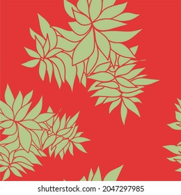 Seamless pattern.Cartoon, hand-drawn. Green succulent plant on a red background. Vector illustration.