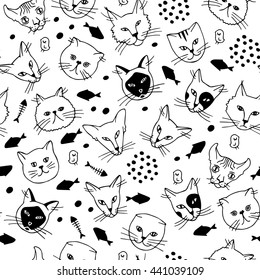 Seamless pattern,cat breeds.Sphynx,abyssinian,british,maine coon,thai,scottish,oriental,domestic,bobtail,persian,angora,exotic.Hand drawn vector black and white doodle illustration.Colouring page.